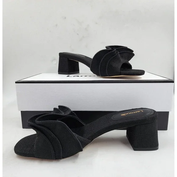 Larroude Brigitte Ruffle Slip On High Heel Sandals Women's 6 Black Open Toe